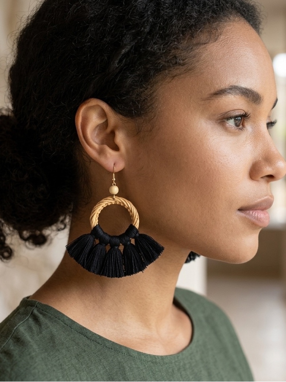 Handcrafted Black Tassel Hoop Earrings with Natural Rattan Accent
